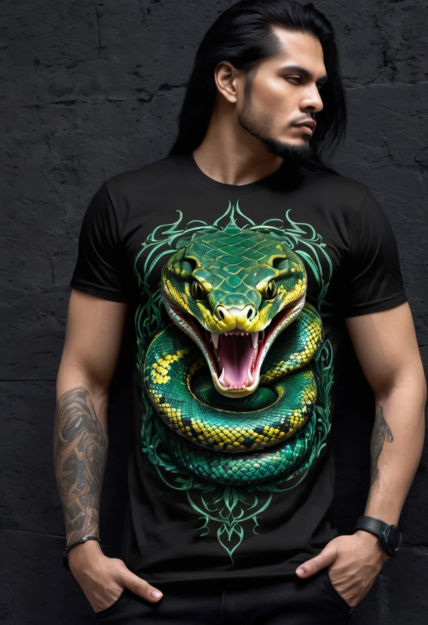 t shirt design, Create a menacing black t-shirt with a full-length python motif inspired by the aesthetics of heavy metal music. The artwork features an elegant style, python dourado e verde claro enrolado sinuosamente, its scales shining in the dim light. python&#39;The mouth is wide open, revealing rows of sharp teeth dripping with blood, exuding a raw feeling, primitive aggression, clear sky and bright sun in the background, improving the sinister atmosphere of the design. python&#39;the eyes shine with a malevolent shine, capturing the essence of danger and violence. The overall style is bold and intense, embodying the dark and edgy spirit of heavy metal music.