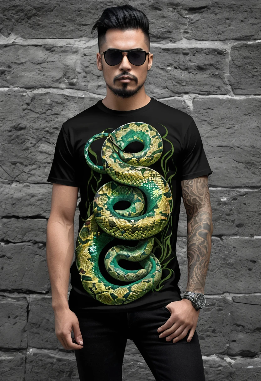 t shirt design, Create a menacing black t-shirt with a full-length python motif inspired by the aesthetics of heavy metal music. The artwork features an elegant style, python dourado e verde claro enrolado sinuosamente, its scales shining in the dim light. python'The mouth is wide open, revealing rows of sharp teeth dripping with blood, exuding a raw feeling, primitive aggression, clear sky and bright sun in the background, improving the sinister atmosphere of the design. python'the eyes shine with a malevolent shine, capturing the essence of danger and violence. The overall style is bold and intense, embodying the dark and edgy spirit of heavy metal music.