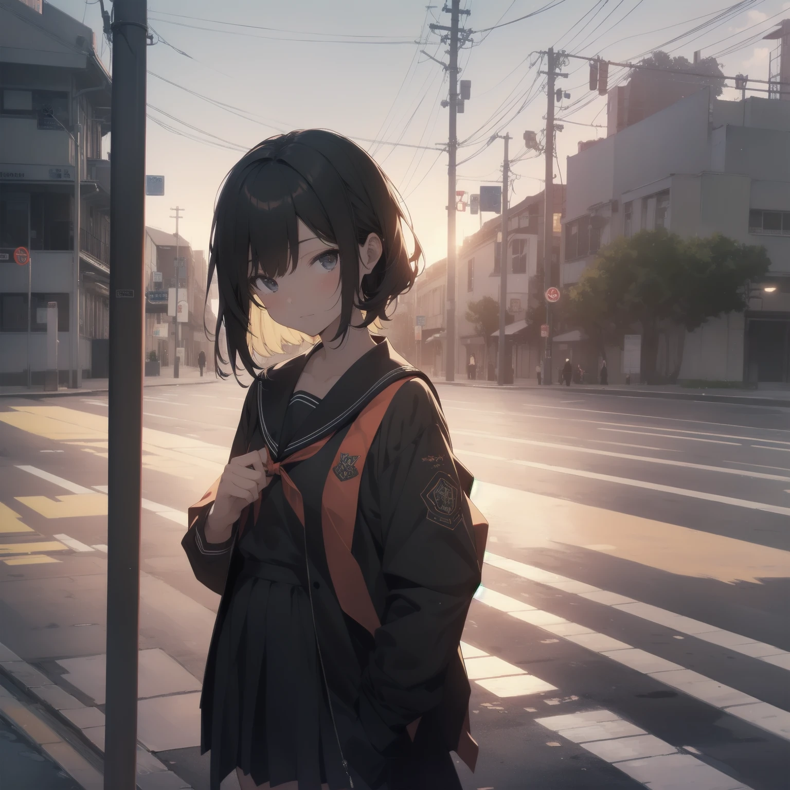 ultra-absurdres-Top quality by artist God, ultra-detailed, high resolution, anime moe artstyle, best anime 8k konachan wallpaper, pixiv contest winner, pool:2810, perfect anatomy,break, 1girl, (Please draw a girl walking sleepily to school alone. )break,(Solo,little female, 13-year-old:1.3),Full limbs, complete fingers,a junior high school student, (very short hair), short cut, flat chest, , small butt, small black eyes, beautiful detailed eyes, well-proportioned iris and pupils, expressive eyes, highres detailed hair, soft expression, salor school_uniform, sailor collar, serahuku, bow, pleated skirt,(Detailed Lighting), (Detailed background), in the School commute route. break,super detailed skin, Best cinematic lighting powered by famous artist, 8k,beauty illustration,photoshop_(medium),very aesthetic,break,((artist:kotorai )), artist:clamp ,artist:carnelian ,artist:kantoku ,