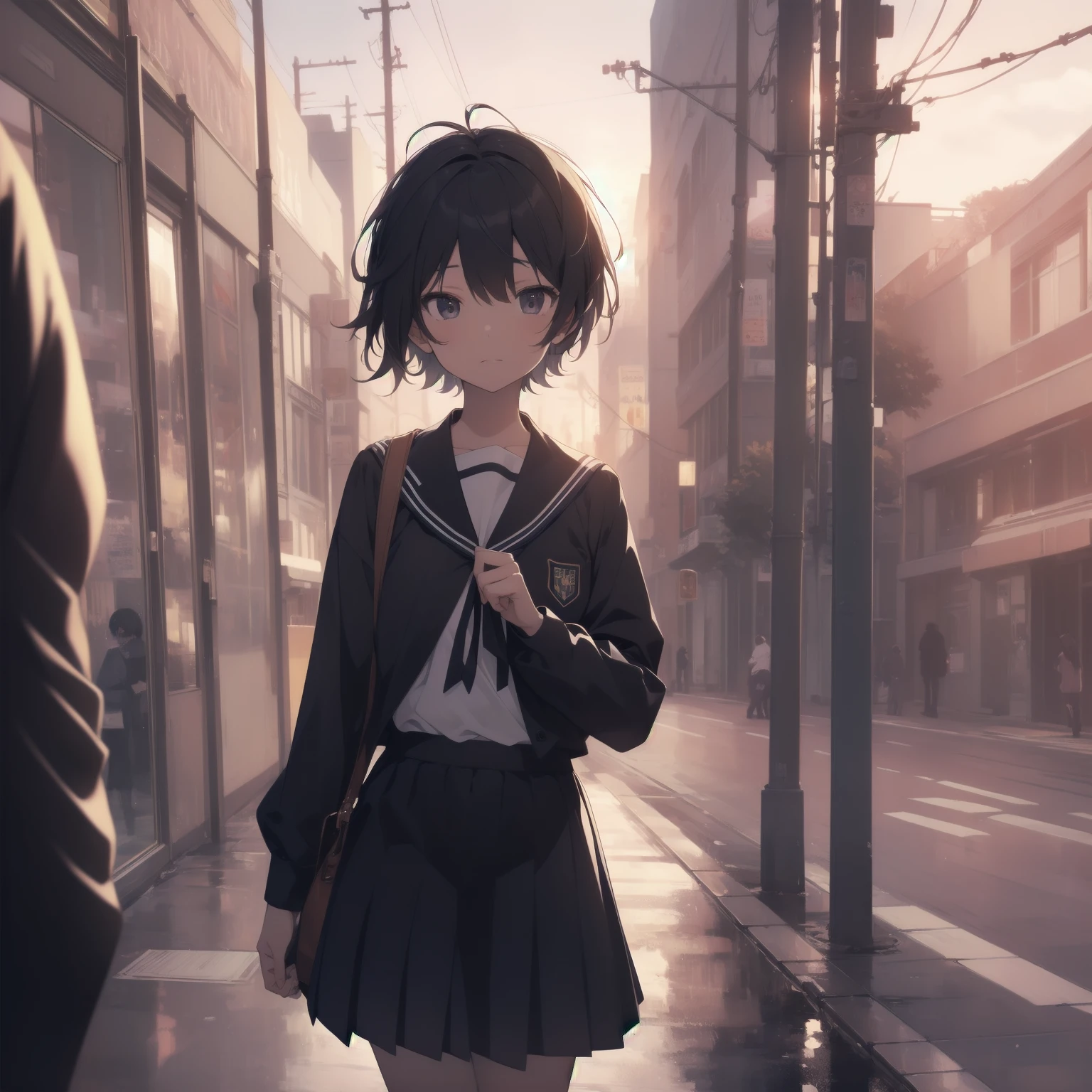 ultra-absurdres-Top quality by artist God, ultra-detailed, high resolution, anime moe artstyle, best anime 8k konachan wallpaper, pixiv contest winner, pool:2810, perfect anatomy,break, 1girl, (Please draw a girl walking sleepily to school alone. )break,(Solo,little female, 13-year-old:1.3),Full limbs, complete fingers,a junior high school student, (very short hair), short cut, flat chest, , small butt, small black eyes, beautiful detailed eyes, well-proportioned iris and pupils, expressive eyes, highres detailed hair, soft expression, salor school_uniform, sailor collar, serahuku, bow, pleated skirt,(Detailed Lighting), (Detailed background), in the School commute route. break,super detailed skin, Best cinematic lighting powered by famous artist, 8k,beauty illustration,photoshop_(medium),very aesthetic,break,((artist:kotorai )), artist:clamp ,artist:carnelian ,artist:kantoku ,