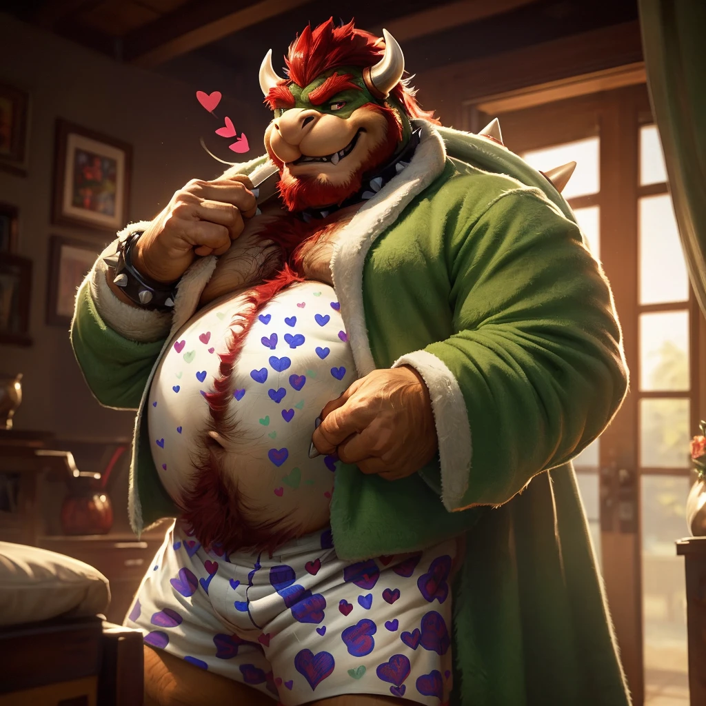 bowser, long beard, seductive smile, happy trail,smirk, (red hearts pattern white long boxers:1.5), (green bathrobe:1.3), indoors, bedroom, male focus, Big belly, chubby, happy trail, fat, overweight male, obese male,(intricate, high detail, film photography, soft focus, RAW candid cinema, photorealism, realistic, photorealistic, analog style, subsurface scattering, masterpiece, best quality, ultra realistic, 8k), by darkgem, seductive smile,