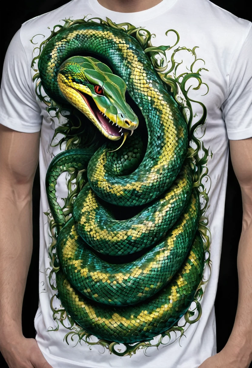 t shirt design, Create a menacing white t-shirt with a full-length python motif inspired by the aesthetics of heavy metal music. The artwork features an elegant style, python dourado e verde claro enrolado sinuosamente, its scales shining in the dim light. python&#39;The mouth is wide open, revealing rows of sharp teeth dripping with blood, exuding a raw feeling, primitive aggression, clear sky and bright sun in the background, improving the sinister atmosphere of the design. python&#39;the eyes shine with a malevolent shine, capturing the essence of danger and violence. The overall style is bold and intense, embodying the dark and edgy spirit of heavy metal music.