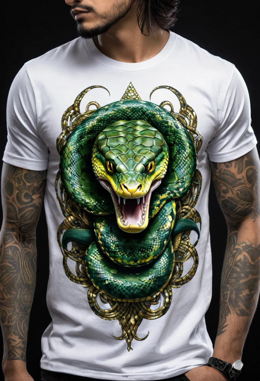 t shirt design, Create a menacing white t-shirt with a full-length python motif inspired by the aesthetics of heavy metal music. The artwork features an elegant style, python dourado e verde claro enrolado sinuosamente, its scales shining in the dim light. python'The mouth is wide open, revealing rows of sharp teeth dripping with blood, exuding a raw feeling, primitive aggression, clear sky and bright sun in the background, improving the sinister atmosphere of the design. python'the eyes shine with a malevolent shine, capturing the essence of danger and violence. The overall style is bold and intense, embodying the dark and edgy spirit of heavy metal music.