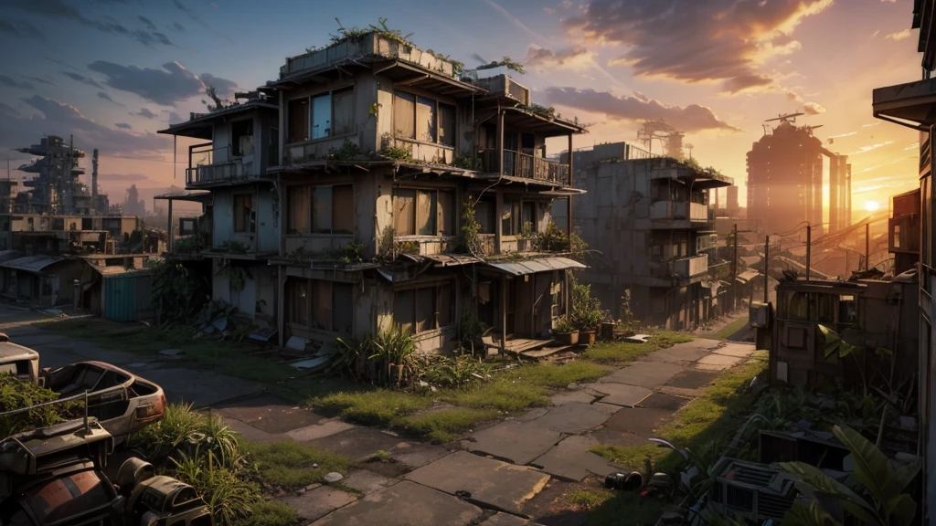 dystopic world; sunset, abandoned decayed city; lot of plants growing in front.  lonely big mech works on resources on houses