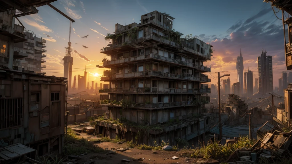 dystopic world; sunset, abandoned decayed city; lot of plants growing in front. lonely big mech works on resources on houses