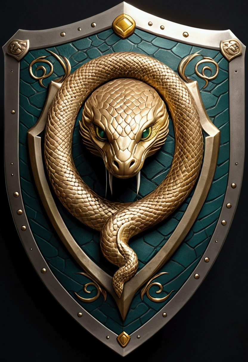 a closeup of a shield with a snake on it, fantasy shield, drakenguard inspired, shield emblem, with a snake emblem, shield design, guild commission, emblem of wisdom, in style of gameofTrhoneedilver gold，Flat 2D effects，Wheat ears, 3D icon for mobile game