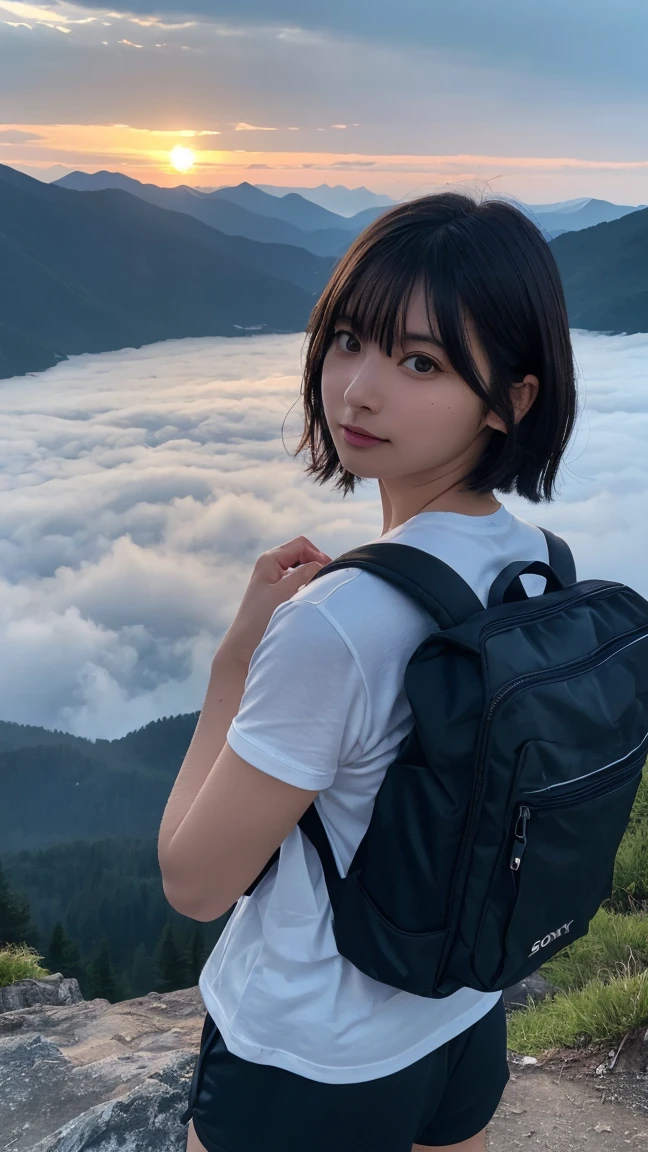 Highest quality, masterpiece, Ultra-high resolution, (Realistic:1.3), RAW Photos, (Nature landscape photography), (Majestic Mountain, sea of clouds), (At the top of a very high mountain), (sunset),
(One Girl), (Upper Body), (20-year-old), (smile:0.9), (Glowing Skin), (short hair, Dark brown hair),
(White T-shirt), (Trekking shorts), (Carry a large backpack on your back),
(Ultra detailed face), (Super beautiful poop), (Highly detailed eyes), (Highly detailed nose), (Highly detailed mouth), (Very skilled hands), (Super-detailed body), Sony a7, 85mm lens, f9.0, Pan Focus