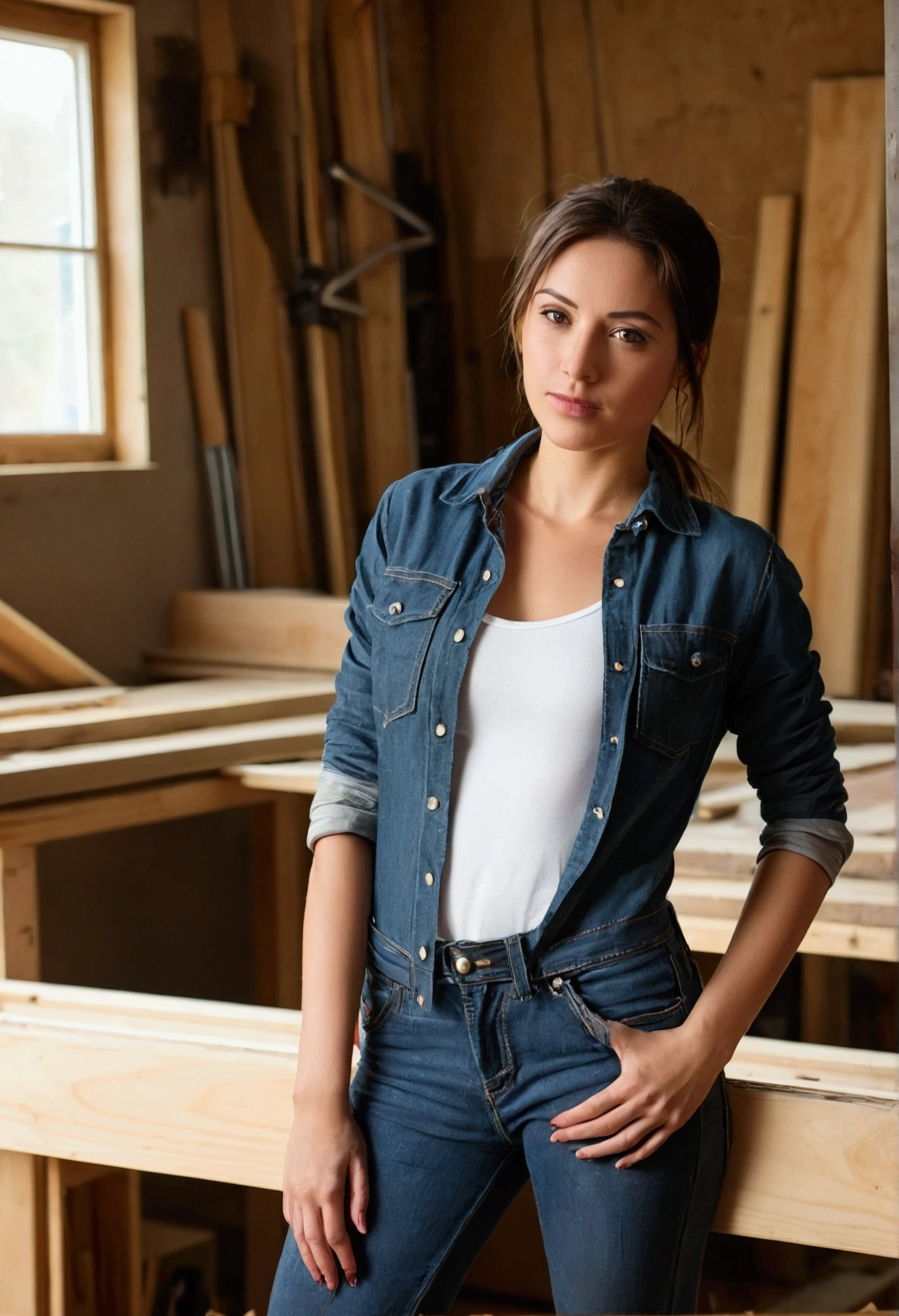 A woman,with posing in a carpentry workshop,sexy look,