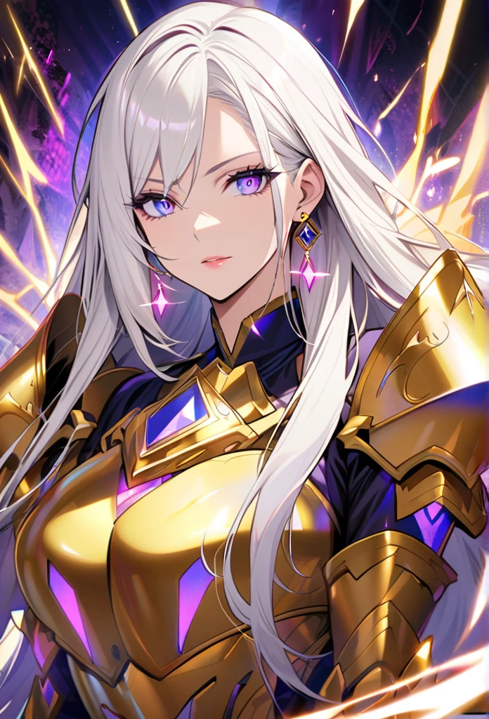woman, blue eyes, long hair, white hair, mature, god eyes, diamond earings, glowing right eyes, two colors eyes, purple eyes, golden armor, cool,