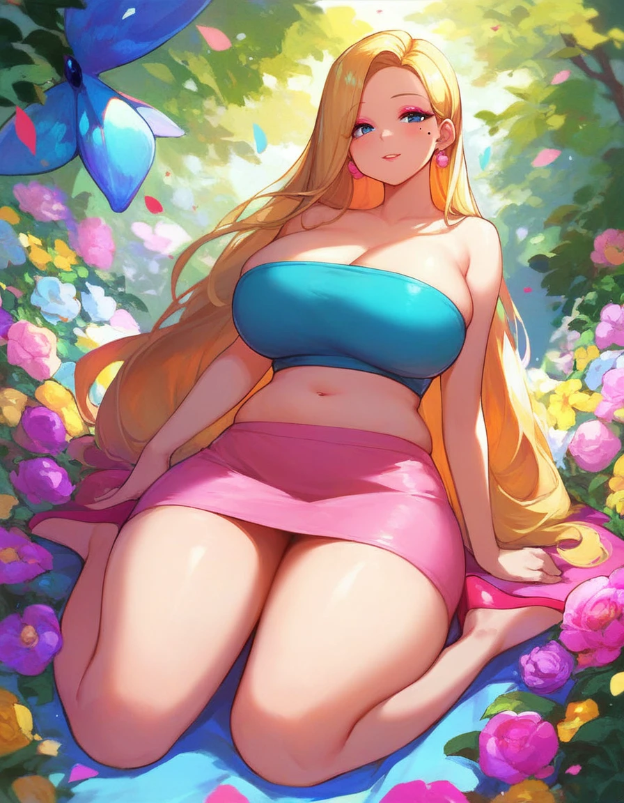 abby, 1girl, solo, long hair, blue eyes, skirt, blonde hair, navel, bare shoulders, full body, flower on top, mole, strapless, makeup, mole on right cheek, eyeshadow, pink skirt, tube top, huge breasts, thicc thighs