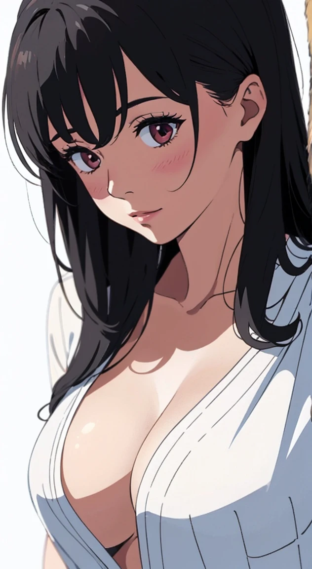 masterpiece, Highest quality, (Detailed Background),  1 girl, Whole Body Ezbian, (White Background: 1.5), Beautiful line drawing, Black-haired, Open shirt, Very long hair in bed, Highest quality, blush, Looking at the audience, A great temptation, Slim body bump, 8k, Sexy open chest, big