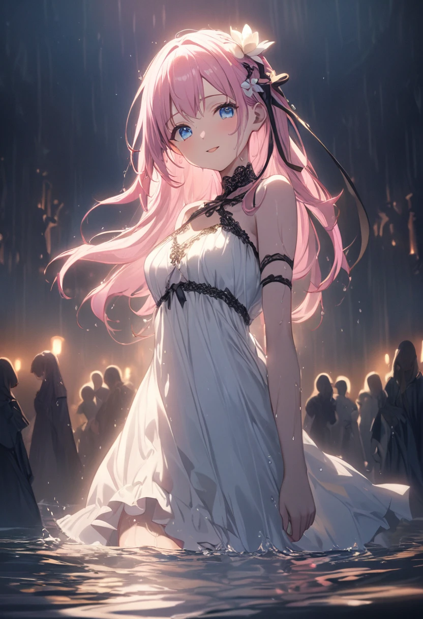 (Highest quality, masterpiece, Very detailedな, Very detailed, Exquisite, 16K,Full HD),Lilia, A girl with long pink hair, Blue eyes, a white dress with black lace, a big pink ribbon on her chest, a white flower hair ornament around her right ear.A little closer,Golden Ratio,Dramatic lighting,pastel colour,Soft lighting,Laughter,Mysterious沼地で, Walking in the water, twilight, A crowded and eerie composition, Low angle shot, Dim and misty light, Character Movement, Wet, Mysterious (Fantasy, Romantic atmosphere),