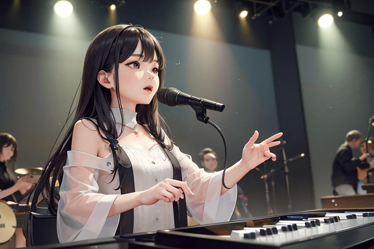 (Highest quality,8k,High resolution,masterpiece:1.2),((masterpiece,Highest quality)), 非常に詳細なHigh resolution, ((A girl in her fifties singing into a microphone while playing a synthesizer)),((Standing whole body)), (Slender body:1.5),A girl playing the Yamaha MONTAGE7 on stage,Highly detailed skin and facial textures:1.3, Ultra detailed face, Detailed hands and fingers, Beautiful attention to detail,Beautiful lip detail,Album cover by Yokoyama Taikan, Playing synthesizer on stage, Shutterstock, realism, Perform on stage, vocalist, Live Performance, Singer-songwriter,Woman playing an electronic piano, Singer-songwriter, Photo taken with Nikon D750,Shot with Canon EOS 5D Mark IV, 