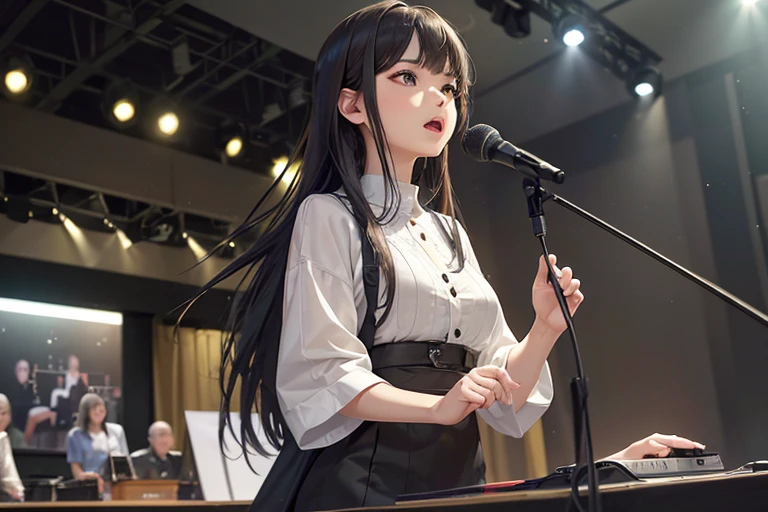 (Highest quality,8k,High resolution,masterpiece:1.2),((masterpiece,Highest quality)), 非常に詳細なHigh resolution, ((A girl in her fifties singing into a microphone while playing a synthesizer)),((Standing whole body)), (Slender body:1.5),A girl playing the Yamaha MONTAGE7 on stage,Highly detailed skin and facial textures:1.3, Ultra detailed face, Detailed hands and fingers, Beautiful attention to detail,Beautiful lip detail,Album cover by Yokoyama Taikan, Playing synthesizer on stage, Shutterstock, realism, Perform on stage, vocalist, Live Performance, Singer-songwriter,Woman playing an electronic piano, Singer-songwriter, Photo taken with Nikon D750,Shot with Canon EOS 5D Mark IV,