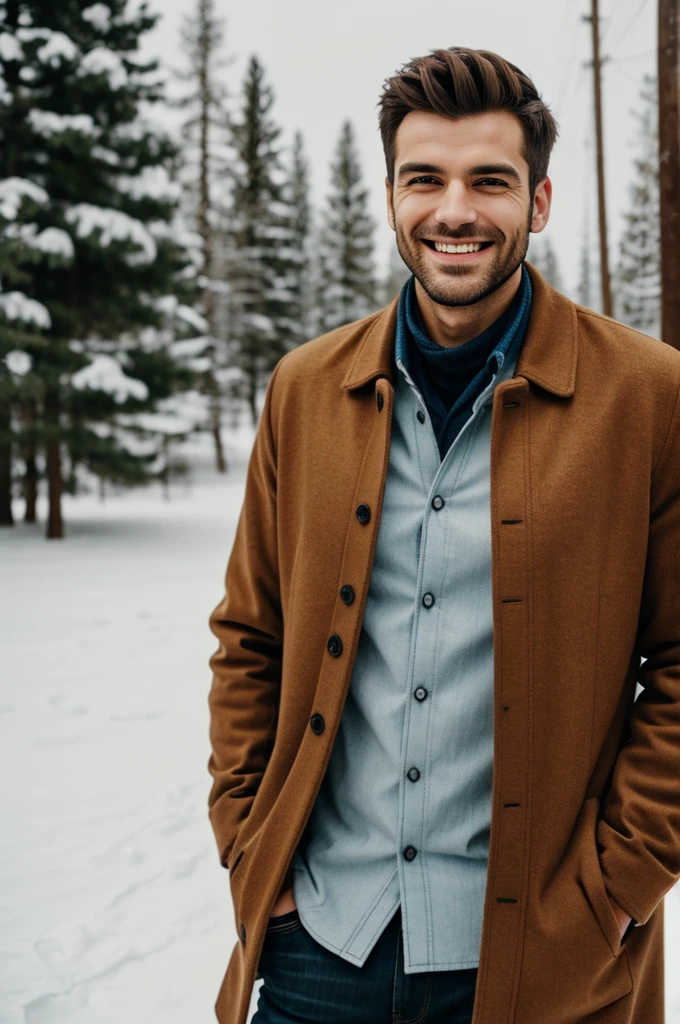 Create a man in a cold climate environment, smiling with a basic shirt