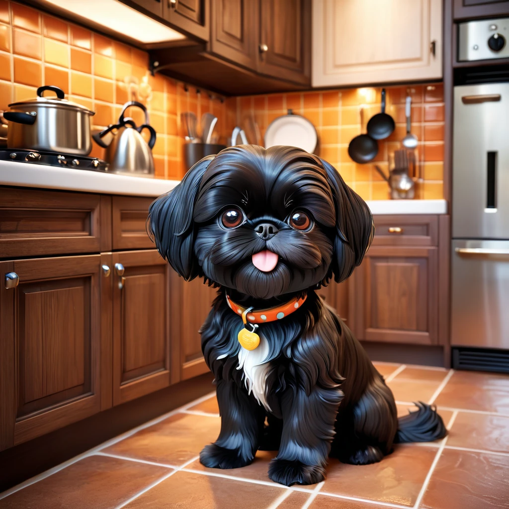 adorable small black shih tzu puppy,disney kitchen,disney pixar style,3d render,3d cartoon,extremely detailed,photorealistic,masterpiece,vivid colors,soft lighting,cute,playful,whimsical,adorable expression,fluffy fur,wet nose,twinkling eyes,mischievous smile,wooden cabinets,ceramic tiles,stainless steel appliances,copper pots,hanging utensils,tile backsplash,tiled floor,warm lighting,detailed textures