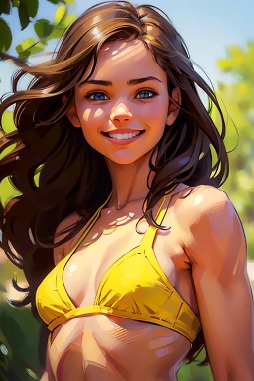 (rule of thirds:1.4), ((realistic illustration:1.3)).18yo (Athletic:0.8) brunette woman, blue eyes, (long hair:0.9), tomboy, cute, ((smile)), (tiny yellow bikini). (virgin).Masterpiece, best quality,(highly detailed:1.2),(detailed face and eyes:1.2), 8k wallpaper, depth of field, natural lighting. core shadows, high contrast, bokeh.