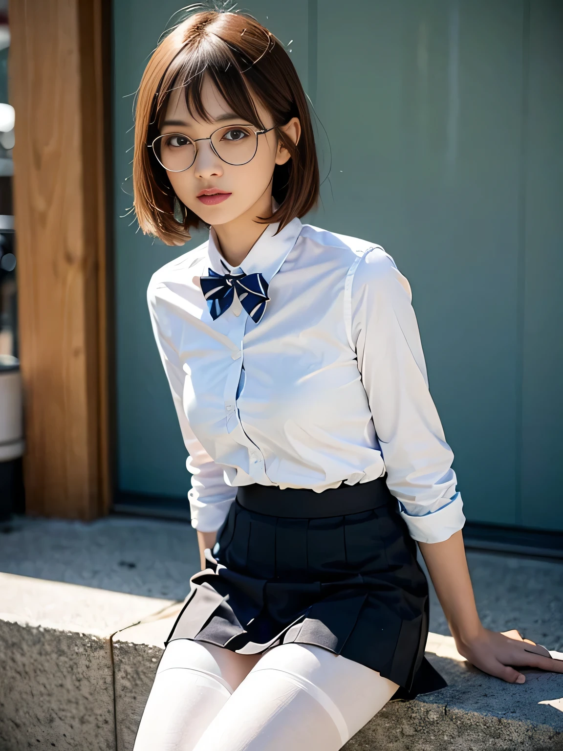 (Long Bob Cut),(8k、RAW Photosgraphy、Highest quality、masterpiece:1.2),Glamour,Chromo White Skin,Cheeky,School,Staring at the audience,Viewed from the front,Muchimuchi,erotic,student,White skin,knees,Student Bag((Black Pantyhose)),absurdes,Small Face,,Flat Chest,Part the front hair from the middle、The forehead is visible,(Cold look,Squinting my eyes,Glare,strong,skinny,Sanding,Rage)、masterpiece,Highest quality、Ultra-high resolution,RAW Photos,Only,Beautiful poop,one person, 独奏,Glasses,,Dark look,Small breasts,whole body,Round Glasses,JK ,high school girl,Japanese women,standing,(Photorealistic:1.37)、Photon Mapping,Realistic、Beauty,Cute Face,Brown eye、Black socks、(Red bow tie)、Radio City、物理ベースOnlyダリング、Depth of written boundary、Blurred Background、picture,body,Beautiful feet, Long legs, Thin legs,(I can see the front hair), hair, Lips, green_eye, Nose Soft,(Light blue shirt), (Navy, blue and white checkered pleated skirt), I can see the knees,See-through clothing,, thigh, black cotton socks,Nogizaka Idol, Pink wall、
