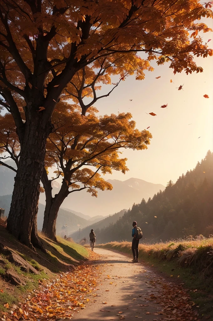 Falling leaves on a path in the mountains, atey ghailan 8 ก, Inspired by Sylvain Sarrehl, Makoto Shinkai Cyril Rolando, Concept art wallpaper 4k, digital painting art concept, Cyril Rolando and Goro Fujita, Inspired by Atey Ghailan