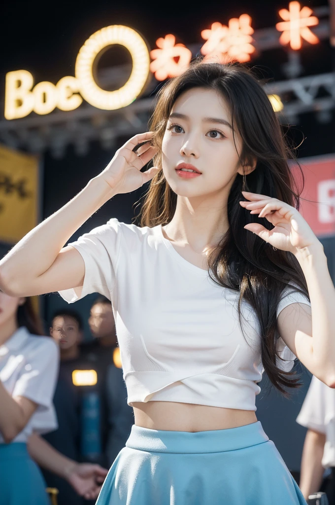 (((best quality))), (((ultra detailed))), (((masterpiece))), illustration,((a beautiful girl,solo)),((slim,thin)),((small breasts,flat chest,claviclis,navel)),(white shirt with blue short sleeves:1.5),(blue mini-skirt:1.3),(slender legs:1.2),dancing,((on a stage,outside a shopping mall, at the entrance of a beer promotional event,on the street)), ((surrounded by crowded crowds)),((her hair and the edges of her skirt fluttering in the air)), the girl's attire reflecting the vibrant spirit of summer, a sense of youthful charm and confidence exuding from her, her hair flows freely in the wind, the fluttering skirt accentuating her graceful movements, her expressive eyes and infectious smile drawing people closer, the stage adorned with colorful decorations, the vibrant atmosphere enhanced by the enthusiasm of the crowd, onlookers of various ages captivated by her performance, clapping, cheering, and taking photos, the girl's graceful dance transforming the ordinary streets into a vibrant and lively venue, her energy and charisma captivating the audience, the scene encapsulating the spirit of summer and the beauty of artistic expression,(night scene:1.3),(from front:1.3)