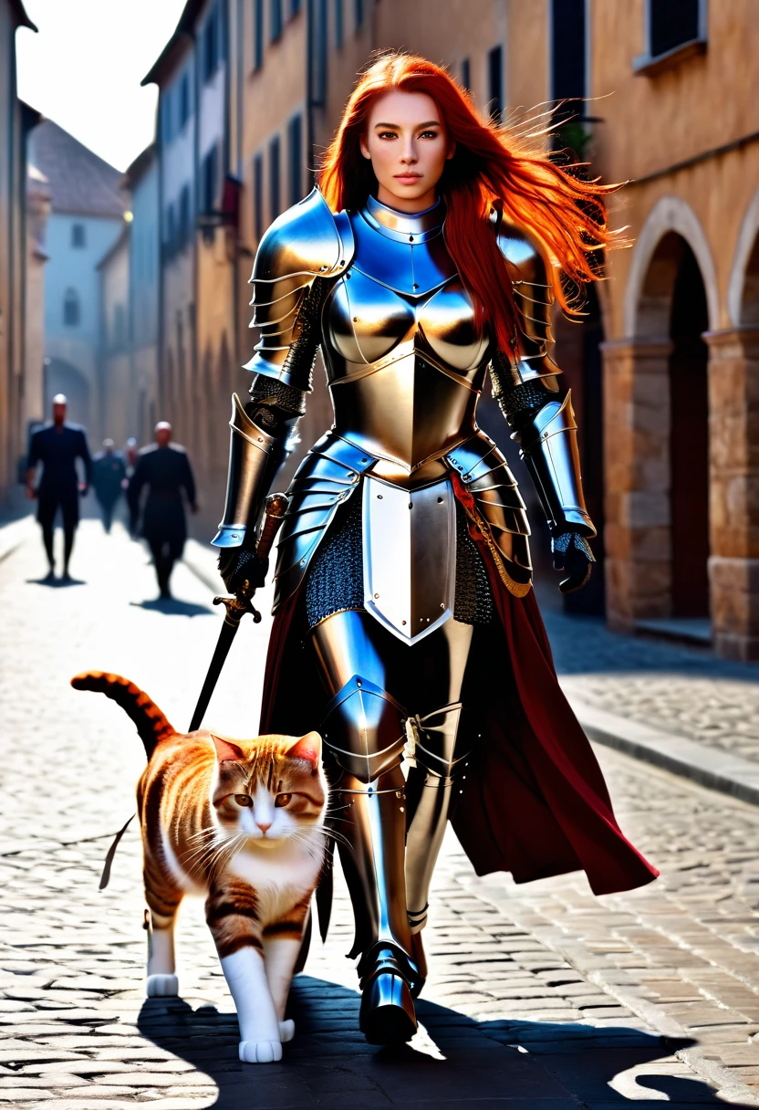 aarafed a picture of an ((epic huge cat: 1.5))  (( epic huge cat: 1.5)) walking with a human knight in fantasy street, a (huge cat: 1.5)), the cat is wearing armor ready for battle, dynamic color cat BREAK a human knight, full body, ((anatomically correct: 1.5) walking near him, female knight, red hair, long hair, hair in a pony tail, wearing knight's armor, decorated armor, high heeled boots, Hyperrealism style, vibrant, Ultra-high resolution, High Contrast, (masterpiece:1.5), highest quality, Best aesthetics), best details, best quality, highres, ultra wide angle, 16k, [ultra detailed], masterpiece, best quality, (extremely detailed) RAW, ArmoredDress