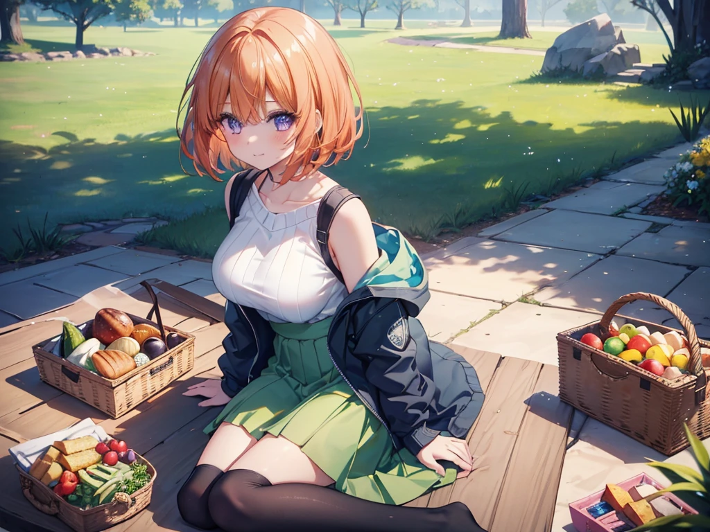 (Recall,food:1.3),(picnic:1.3),basket, Park with a view, Highest quality, grassland park, blue sky, hiking, Best image quality,Perfect Anatomy,masterpiece,Ultra-detailed,beautiful,super high quality, Highest quality,High resolution, Very detailed,Game CG,Dutch Angle ,beautiful細部までこだわった目,Visual Arts,Five Fingers, Perfect hands,Hide your hands, {{{One Girl}}}, beautiful詳細な女の子, Game CG, Spring flower, One curl on the outside, Short Bob Hair, Pastel orange hair, Purple eyes,Stylish accessories solo, enhancement, Medium Shoot, woman, Take-out, Laughter, huge ,,Pastel green checkered mini skirt,Black knee-highs, {{{{{Wearing a pastel green hoodie}}}}},Open your mouth, wonderful, beautiful細部までこだわった目, Highest quality, Very delicate,Masseter muscle area,Highest quality,(Official Art、Highest quality、Unity 8k wallpaper、32K、masterpiece、Ultra-detailed、超High resolution、Realistic、Photorealistic:1.2)、(Cinema Lighting:1.2)、Fire Glow Effect、The most grainy shadows on the film、Side light、Side Shot、(Ultra-detailedで複雑な3Dレンダリング)、Atelier Series, Multiple Girls.