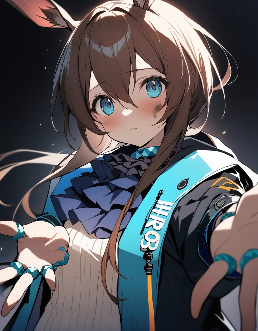 One girl, Amiya \(Arknights\), Arknights, Dirty Face, Outstretched Hand, close, Movie angle, Shorthand, dark, dark background, masterpiece, Highest quality