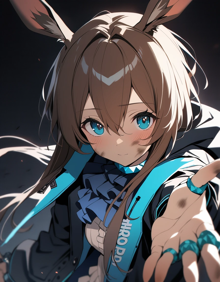 One girl, Amiya \(Arknights\), Arknights, Dirty Face, Outstretched Hand, close, Movie angle, Shorthand, dark, dark background, masterpiece, Highest quality