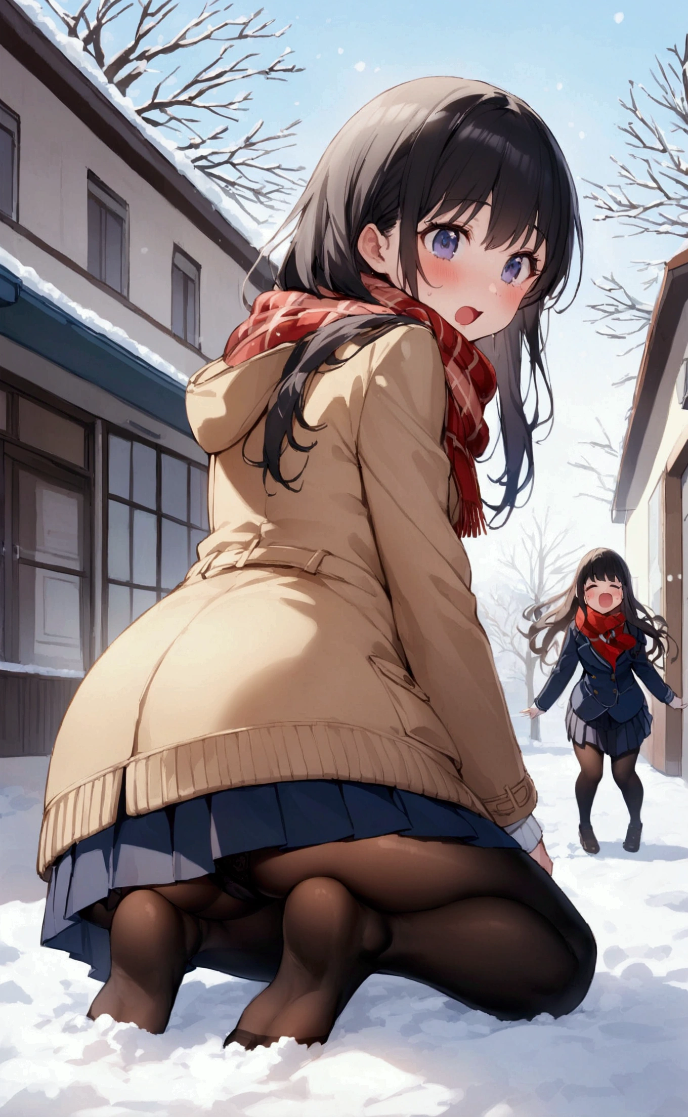 One Woman、beautiful girl、after school、evening、high school girl、Academy、Back of the school building、Schoolyard、winter、Under a big tree、It's snowing、Snowfall、Blazer uniform、Pleated skirt、Duffle coat、Black Pantyhose、Long Hair、Wearing a scarf、Highest quality, Thick thighs、Big 、Big Ass、Black Hair、Slipping on snow、Slip and fall、Fall forward spectacularly、Black panties、Surprised expression、Fall fancy、Fall forward、Scream