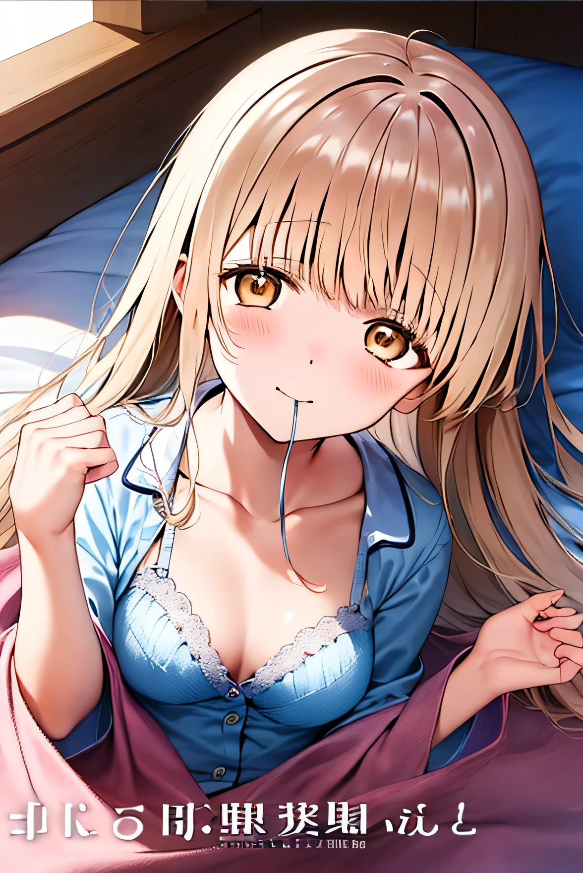 Masterpiece、Anime Coloring、Ultra fine、16K、Highest quality、from above、upper body、looking up、light smile、((((blush))))、sparkle in the eyes、detailed eyes、Looking up、bed、((Cover your mouth with a blanket))、Stylish room、Cute pink pajamas、((Pajamas with all the buttons open))、((Sky blue color bra))、Small breasts、Yellow Eyes、Cleavage