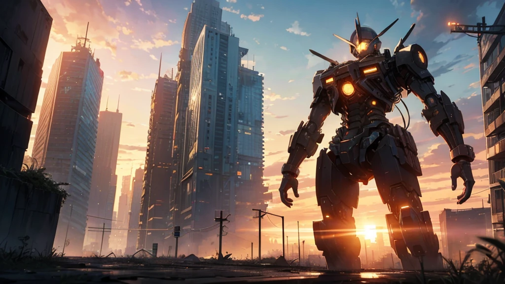 dystopic world; sunset, abandoned decayed city; lot of plants growing in front. lonely big mech works on resources on skyscrapers