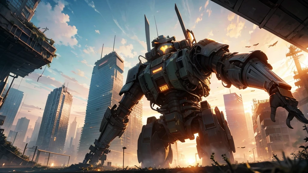 dystopic world; sunset, abandoned decayed city; lot of plants growing in front. lonely big mech works on resources on skyscrapers