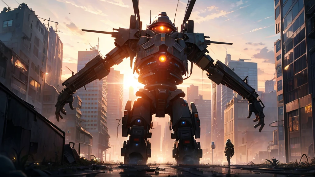 dystopic world; sunset, abandoned decayed city; lot of plants growing in front.  lonely big mech works on resources on skyscrapers