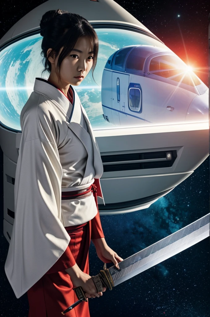 A wounded fierce Japanese girl with a sword and a white kimono with space bus that have a red ribbion