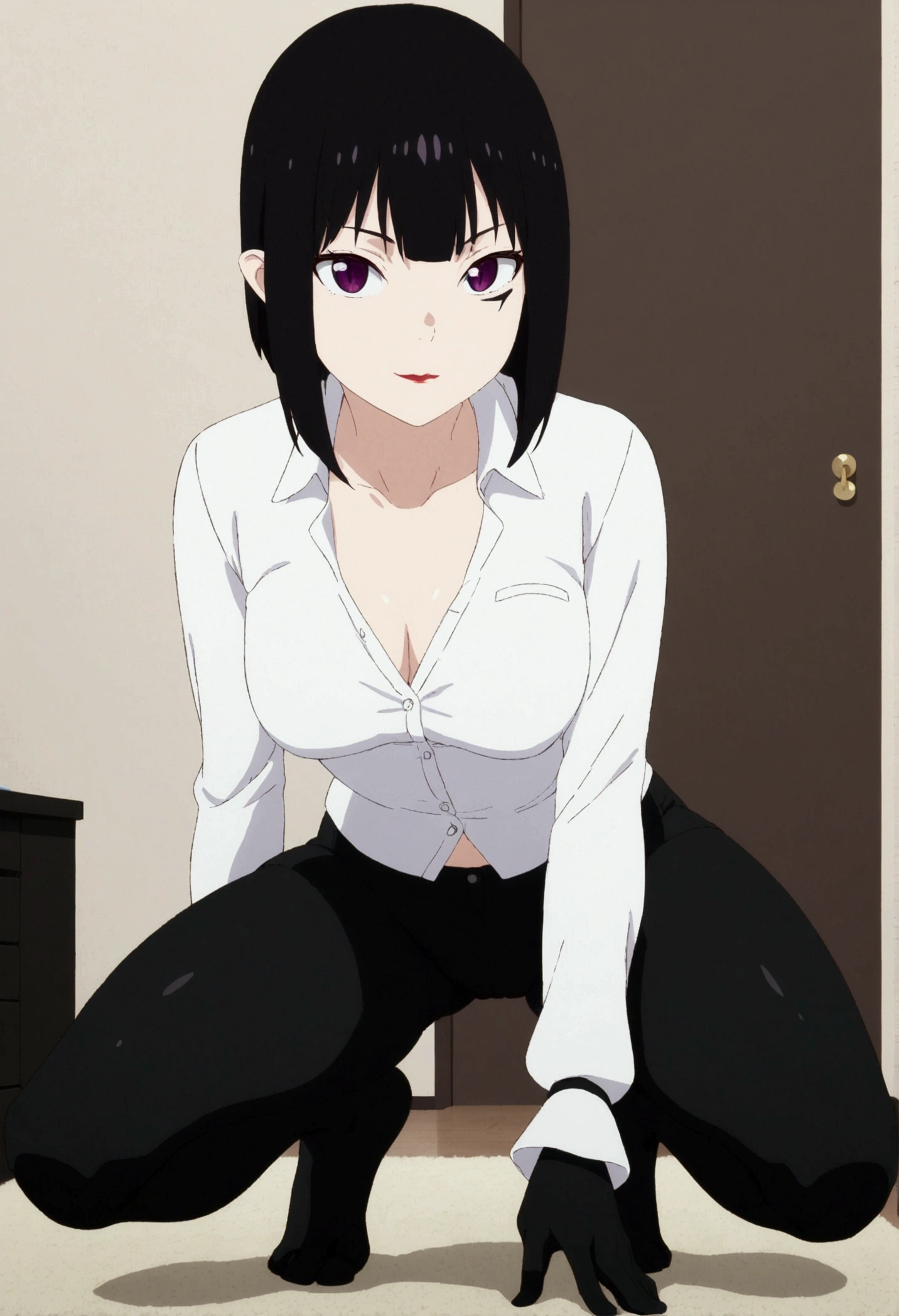 anime cloth capture, citys, 1 girl, standing alone, shorth hair, Bblack hair, purples eyes, gazing at viewer, hair between the eyes, Lewd, cloused mouth, in this, Broad Hips, short top, short shorts, unbuttoned shorts, squatting down, legs spread apart, erotism, rug,ssmile,face red,legging preta
