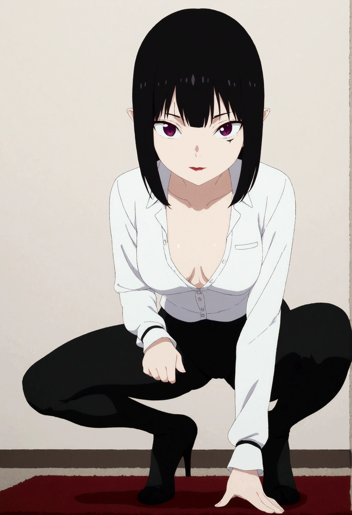 anime cloth capture, citys, 1 girl, standing alone, shorth hair, Bblack hair, purples eyes, gazing at viewer, hair between the eyes, Lewd, cloused mouth, in this, Broad Hips, short top, short shorts, unbuttoned shorts, squatting down, legs spread apart, erotism, rug,ssmile,face red,legging preta