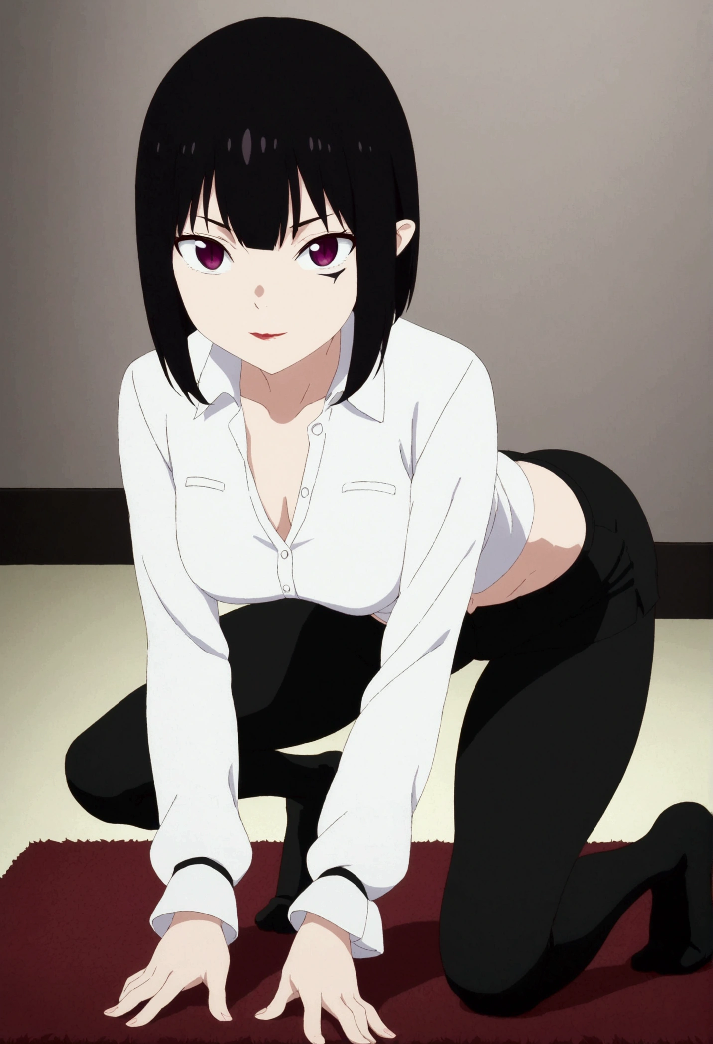 anime cloth capture, citys, 1 girl, standing alone, shorth hair, Bblack hair, purples eyes, gazing at viewer, hair between the eyes, Lewd, cloused mouth, in this, Broad Hips, short top, short shorts, unbuttoned shorts, squatting down, legs spread apart, erotism, rug,ssmile,face red,legging preta
