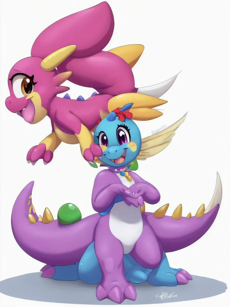 two cartoon dinosaurs with bows on their heads, one is talking on the phone, cute pokemon style, ambos laughing, Beautiful ajolote, SFW version, buizel and human fusion, beautiful colorful adorable, Twins, Beautiful work of art, laughing, digimon glamorous angelic woman, beautiful digital art, Guggimon, adult pair of Twins, diferentes poses, Bub, bubble bobble video game, green scalie, skill,
Bubble dragon,