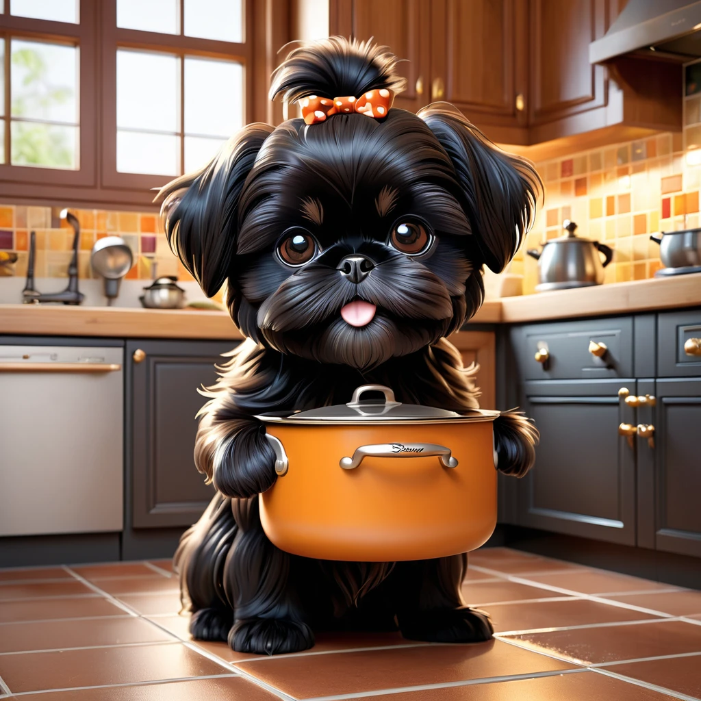 adorable small black shih tzu puppy,disney kitchen,disney pixar style,3d render,3d cartoon,extremely detailed,photorealistic,masterpiece,vivid colors,soft lighting,cute,playful,whimsical,adorable expression,fluffy fur,wet nose,twinkling eyes,mischievous smile,wooden cabinets,ceramic tiles,stainless steel appliances,copper pots,hanging utensils,tile backsplash,tiled floor,warm lighting,detailed textures