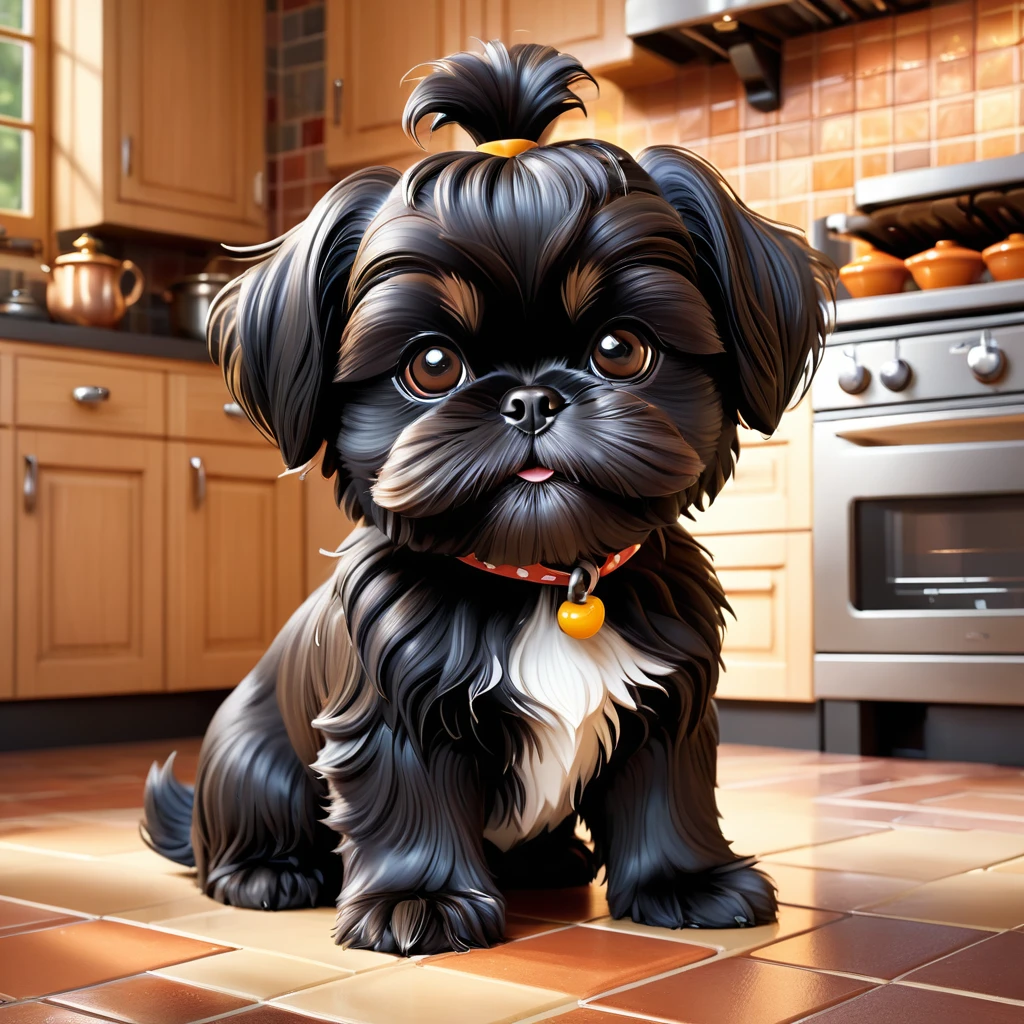 adorable small black shih tzu puppy,disney kitchen,disney pixar style,3d render,3d cartoon,extremely detailed,photorealistic,masterpiece,vivid colors,soft lighting,cute,playful,whimsical,adorable expression,fluffy fur,wet nose,twinkling eyes,mischievous smile,wooden cabinets,ceramic tiles,stainless steel appliances,copper pots,hanging utensils,tile backsplash,tiled floor,warm lighting,detailed textures
