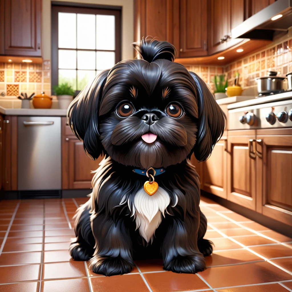 adorable small black shih tzu puppy,disney kitchen,disney pixar style,3d render,3d cartoon,extremely detailed,photorealistic,masterpiece,vivid colors,soft lighting,cute,playful,whimsical,adorable expression,fluffy fur,wet nose,twinkling eyes,mischievous smile,wooden cabinets,ceramic tiles,stainless steel appliances,copper pots,hanging utensils,tile backsplash,tiled floor,warm lighting,detailed textures
