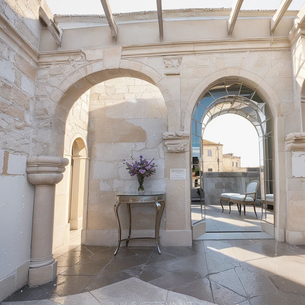 There is an 82cm x 25cm x 82cm MIRROR OF ENCHANTMENT CLASSIC on the wall which is the visual focus ,DIOR advertising style,furniture advertising graphic photography, italian castle, stucco stone wall,stone tile floor、 Italian masterpiece, Great masterpiece,Elegant
