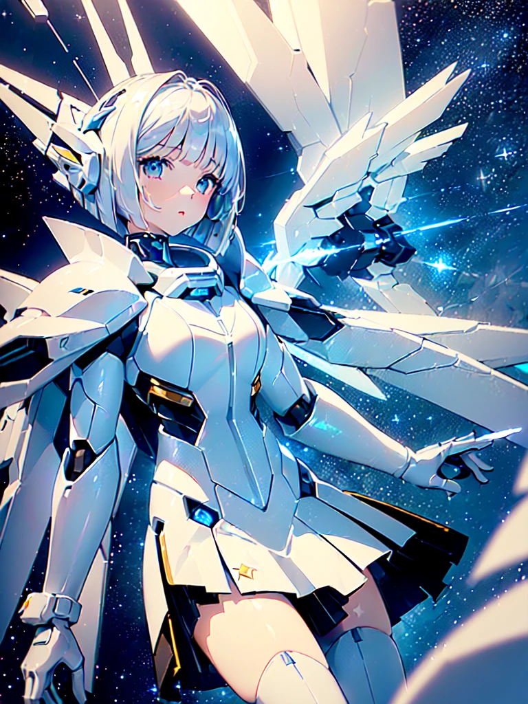 ((masterpiece)), (angel:1.3), (1 girl, pale hair, short hair, bob cut:1.4), (futuristic suits, white mecha suits, white mecha skirt, white mecha big wing on back:1.3), (space, stars shooting star:1.2), (sparkle effect), ((ultra detail)), ((delicate illustration)), ((delicate background)),