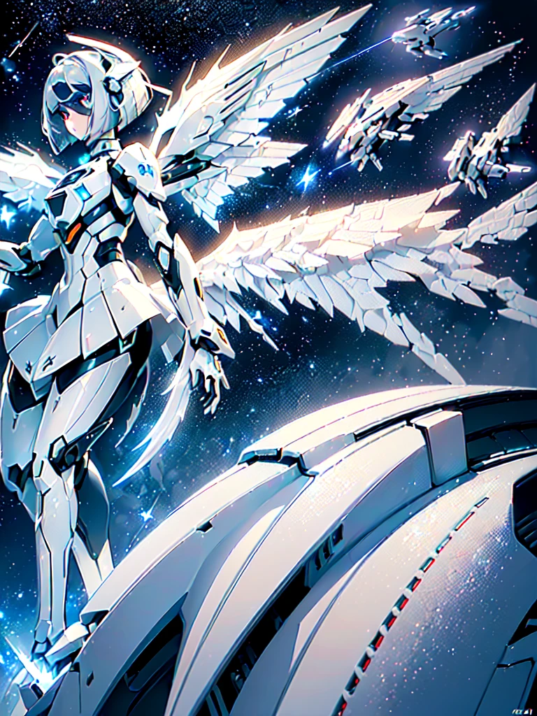 ((Masterpiece)), (angel:1.3), (1 girl, Pale hair, Short hair, Bob cut:1.4), (Futuristic suit, White mech set, White mech skirt, White mechs with large wings in the back:1.3), (space, Star shooting star:1.2), (glitter effects), ((Ultra detail)), ((delicate illustrations)), ((Delicate background)),