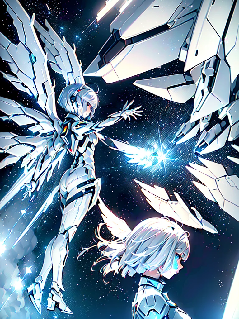 ((Masterpiece)), (angel:1.3), (1 girl, Pale hair, Short hair, Bob cut:1.4), (Futuristic suit, White mech set, White mech skirt, White mechs with large wings in the back:1.3), (space, Star shooting star:1.2), (glitter effects), ((Ultra detail)), ((delicate illustrations)), ((Delicate background)),