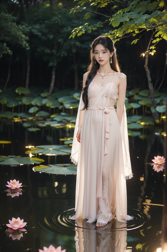 (((best quality))),(((ultra detailed))),(((masterpiece))),illustration,((1 beautiful young  girl,solo)),((slim,thin)),(shoulder length straight hair:1.2),((earrings,necklace)),((small breasts,flat chest)),(see through traditional pink sheer Hanfu dress:1.3),((slender legs,loafers)),(beside the lotus pond full of lotus flowers:1.3), serene moonlight, ethereal,floral pattern, water movement, billowing fabric, tranquil,petals, fireflies, magical, light,warm light, dreams, invitation, (standing:1.3),(arms behind back:1.3),gazing, reflection, inner thoughts, emotional, sweet scent, natural beauty, solitude, hypnotic lull, eternal summer,(night scene:1.3), natural world, human spirit, celebration, backdrop, water, glow,((from front,full body))