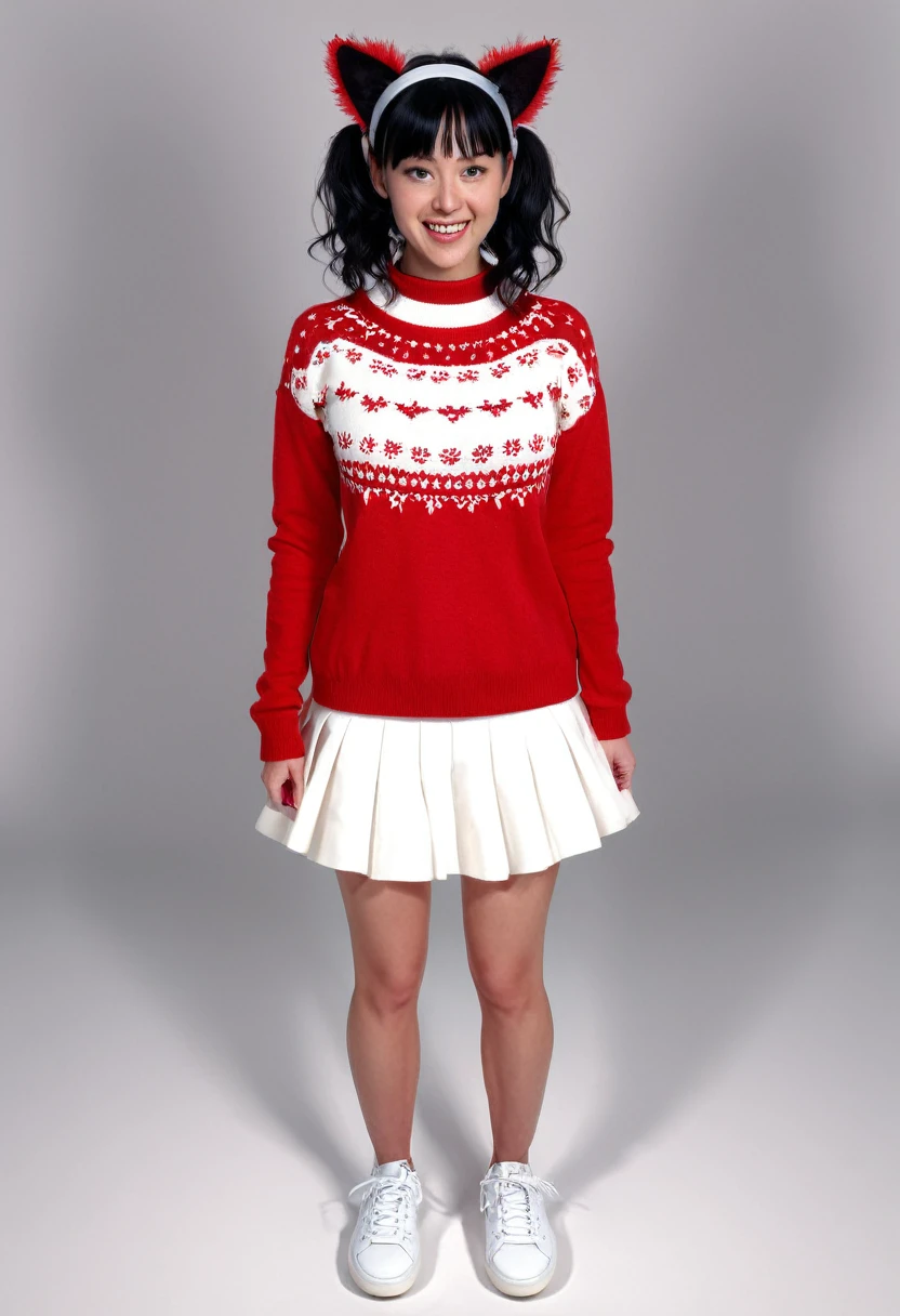 masterpiece, best quality, genny, hairband, red sweater, frilly white skirt, sneakers, standing, looking at viewer black hair, hair bobbles, wince, longeyelashes, solid circle eyes, fake animal ears, light smile, ear blush, fang, Surrealism, drop shadow, anaglyph, stereogram, tachi-e, pov, atmospheric perspective, 8k, super detail, ccurate, best quality
