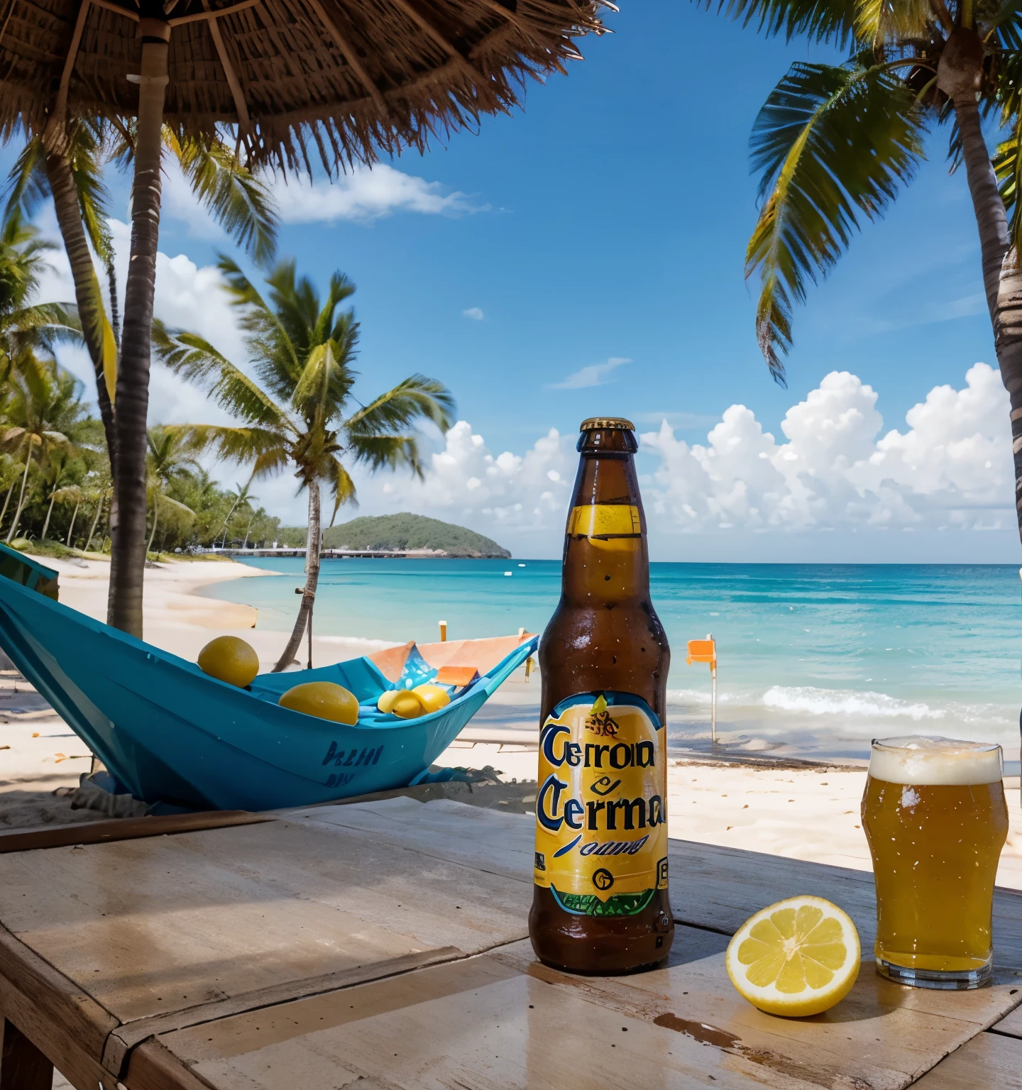 tropical beach with a corona beer bottle in the foreground with its lemon cut into the beer spout