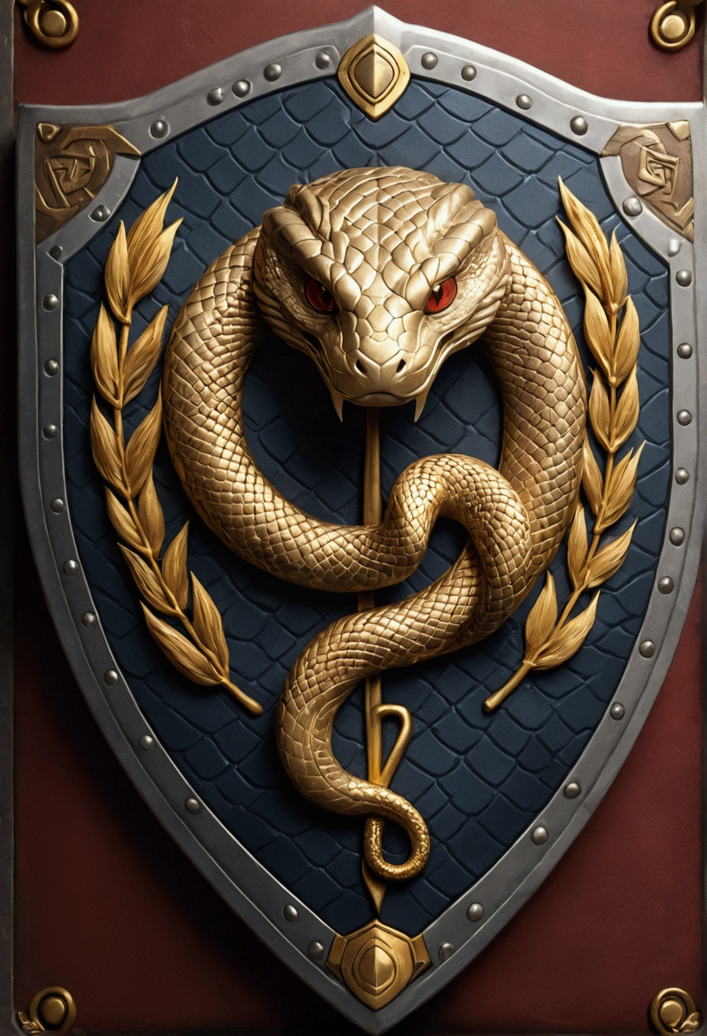a closeup of a shield with a snake coiled on a scale on it, fantasy shield, drakenguard inspired, shield emblem, with an emblem wrapped around a scale, shield design, guild commission, emblem of wisdom, in style of gameofTrhoneedilver gold,Flat 2D effects,Wheat ears, 3D icon for mobile game