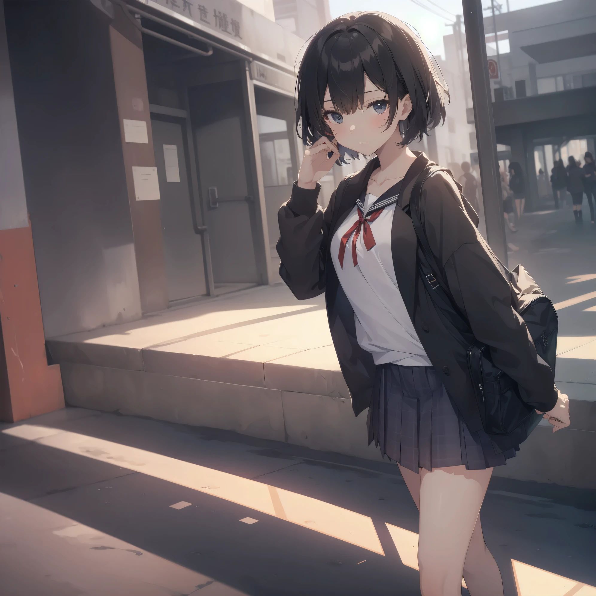 ultra-absurdres-Top quality by artist God, ultra-detailed, high resolution, anime moe artstyle, best anime 8k konachan wallpaper, pixiv contest winner, pool:2810, perfect anatomy,break, 1girl, (Please draw a girl walking sleepily to school alone. )break,(Solo,little female, 13-year-old:1.3),Full limbs, complete fingers,a junior high school student, (very short hair), short cut, flat chest, , small butt, small black eyes, beautiful detailed eyes, well-proportioned iris and pupils, expressive eyes, highres detailed hair, soft expression, salor school_uniform, sailor collar, serahuku, bow, pleated skirt,(Detailed Lighting), (Detailed background), in the School commute route. break,super detailed skin, Best cinematic lighting powered by famous artist, 8k,beauty illustration,photoshop_(medium),very aesthetic,break,((artist:kotorai )), artist:clamp ,artist:carnelian ,artist:kantoku ,